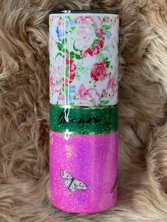 20oz Duo Epoxy Tumbler with floral, pink, and butterflies