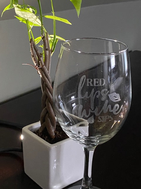 Red Lips Wine Sips Etched Wine Glass *Ready to Ship*